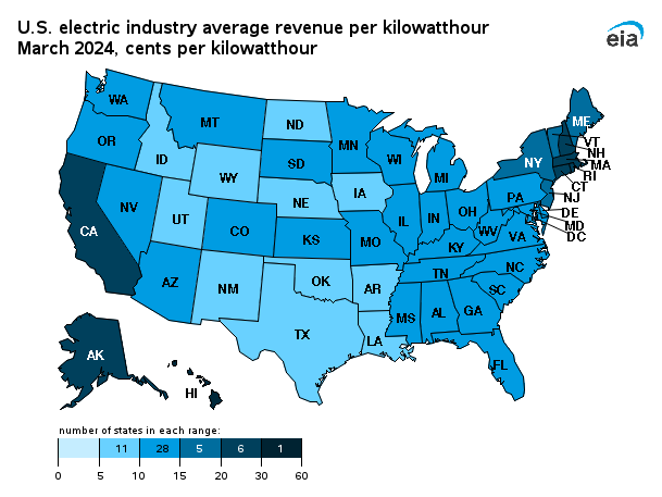 map showing U.S. electric industry average revenue per kilowatthour by state